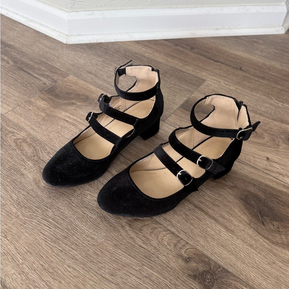 Black Suede Triple-Strap Ankle Heel - Women's Fashion Shoe
